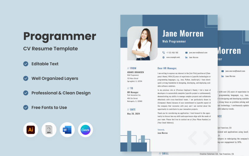CV Resume Programmer V3 to idealny szablon do zaprezentowania swoich umiejętności programowania
