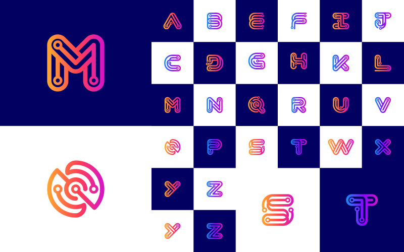 Logotipo inicial do conjunto de letras de linha A a Z para tecnologia, conexão, rede