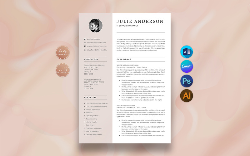 Design de modelo de currículo do gerente de suporte de TI do Canva e Word