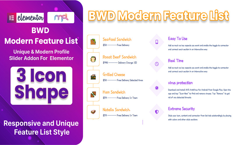 Seznam moderních funkcí WordPress Plugin pro Elementor