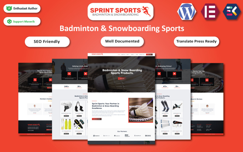Sprint sportok – tollaslabda és snowboard sportok WooCommerce Elementor sablon