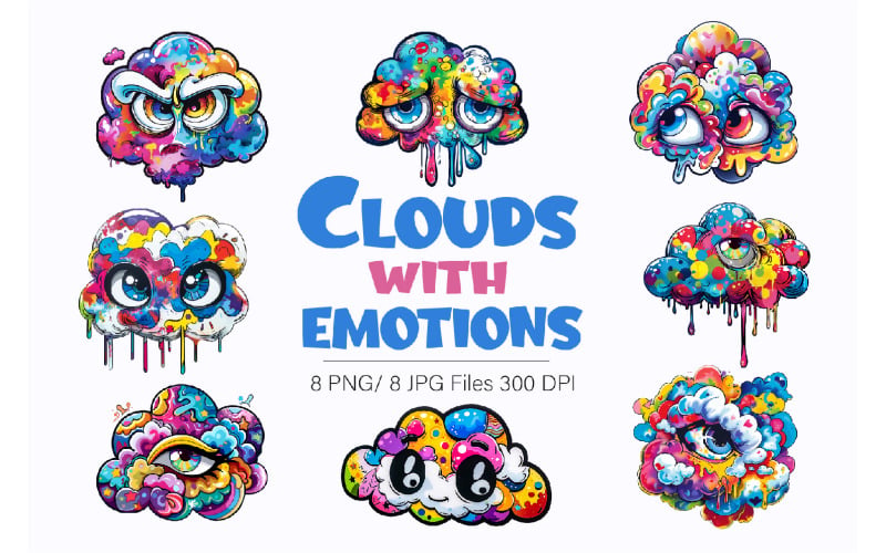 Nuvens de desenhos animados com emoções. PNG, adesivo.