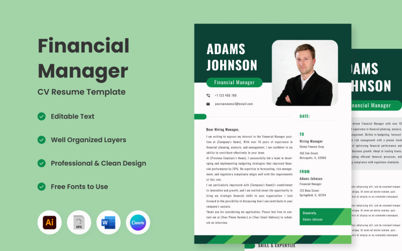 CV CV Financial Manager V1, een zorgvuldig ontworpen sjabloon ontworpen om uw financiële zaken onder de aandacht te brengen