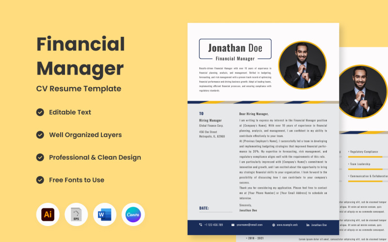 CV CV Financial Manager V3, een geavanceerde sjabloon ontworpen om uw profiel naar een hoger niveau te tillen