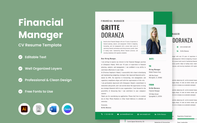 CV Resume Financial Manager V4 vytvořený pro finanční manažery, kteří požadují dokonalost