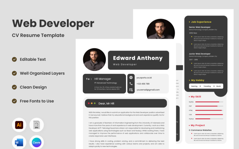 Resume Web Developer V1 to kompleksowy szablon przeznaczony dla twórców stron internetowych