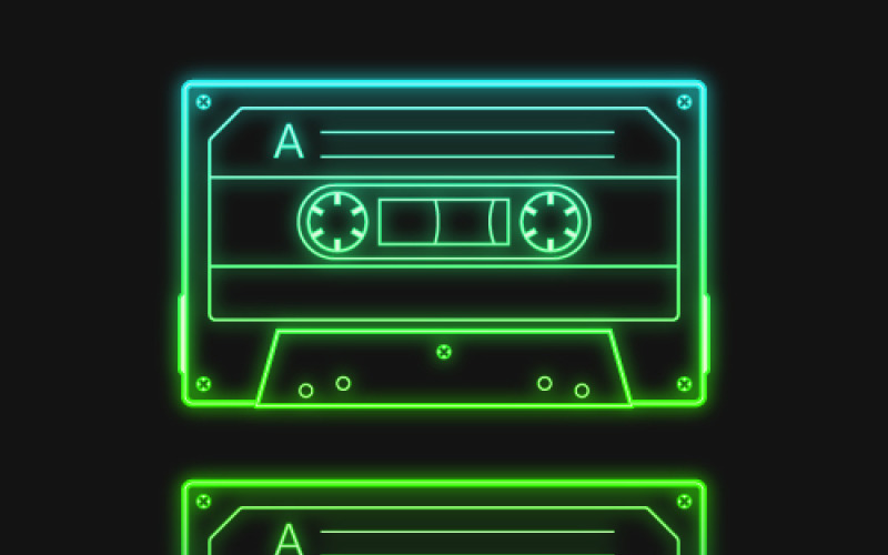 Fita cassete verde de áudio retrô neon, um conjunto de ilustrações vetoriais