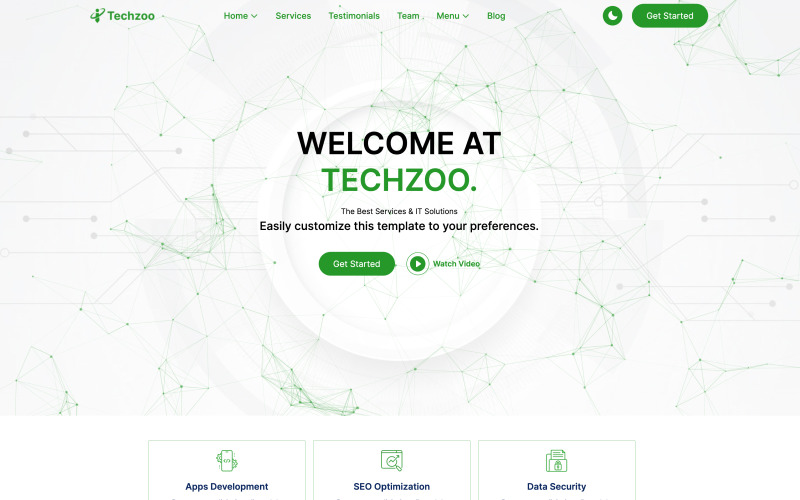 Techzoo – IT-megoldások és üzleti szolgáltatások reszponzív nyitóoldalsablon