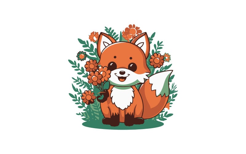 Cute fox holding flowers manga style, illustration, anime Template Design
