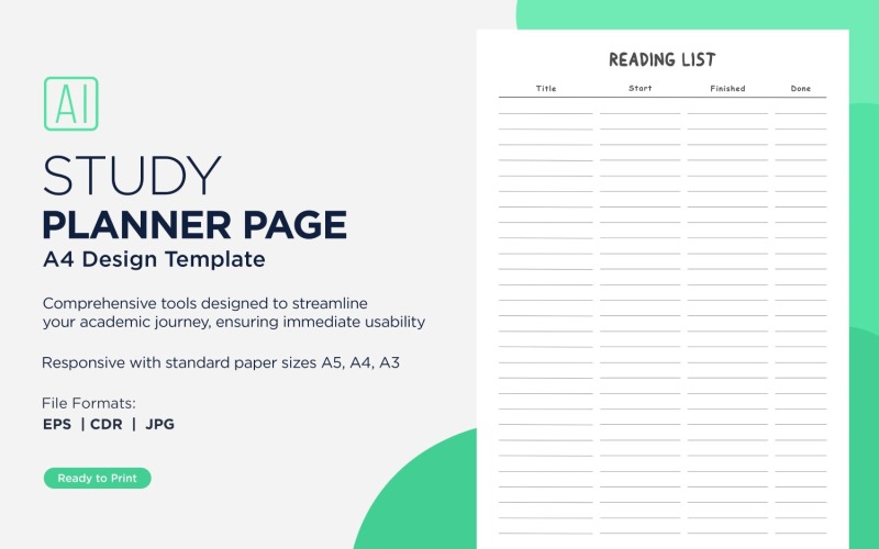 Leeslijst studieplanningspagina, plannerblad, ontwerpsjabloon 04