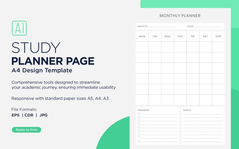 Pagina di pianificazione dello studio del pianificatore mensile, foglio del pianificatore, modello di progettazione 01