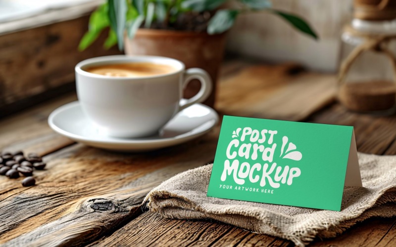 Maqueta de tarjeta postal diseñada con taza de té y hojas en la madera 120