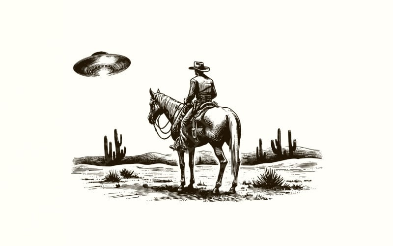 Cowboy et OVNI PNG, vintage Western Digital Download, Sci-Fi Western Design, Alien Encounter