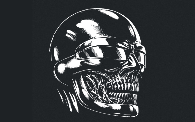 Futuristic Skull Art PNG, Cyberpunk Skull Design, Sci-Fi Horror Digital Art, Black and White Skull