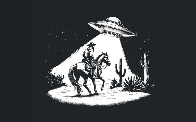 Kovboj a UFO PNG, Vintage Western Digital Download, Sci-Fi Western Design, Alien