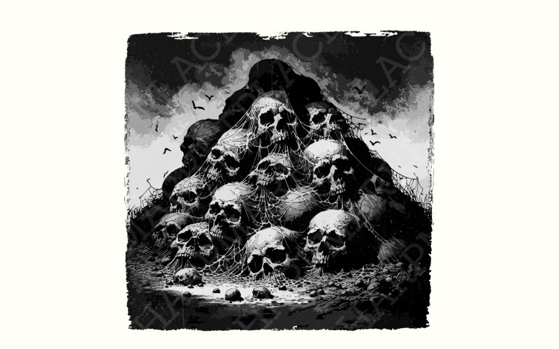 PNG di montagna del teschio gotico, arte digitale estetica scura, design a sublimazione horror