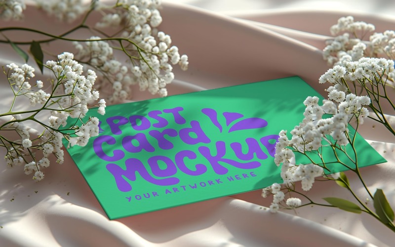 Post card mockup with flowers on the silk cloth 394