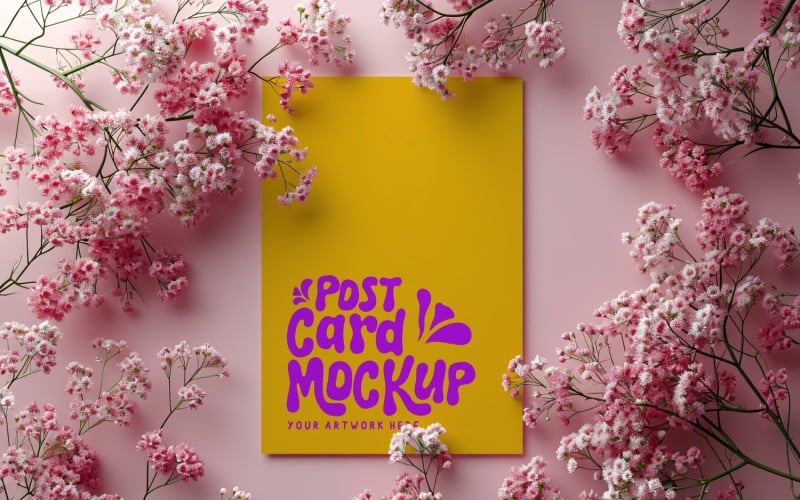 Postkartenmodell mit getrockneten Blumen auf rosa Hintergrund 399