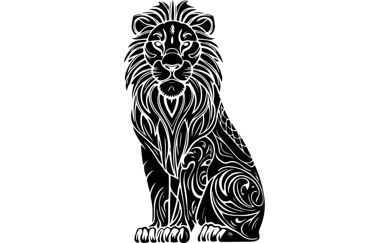Un leone meticolosamente disegnato a corpo intero, prevalentemente in bianco su uno sfondo scuro
