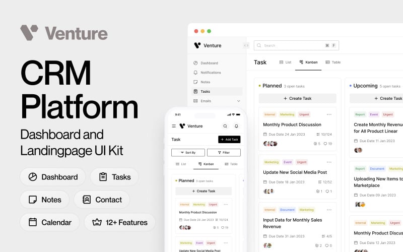 Venture – CRM-Dashboard und Landingpage-UI-Kit