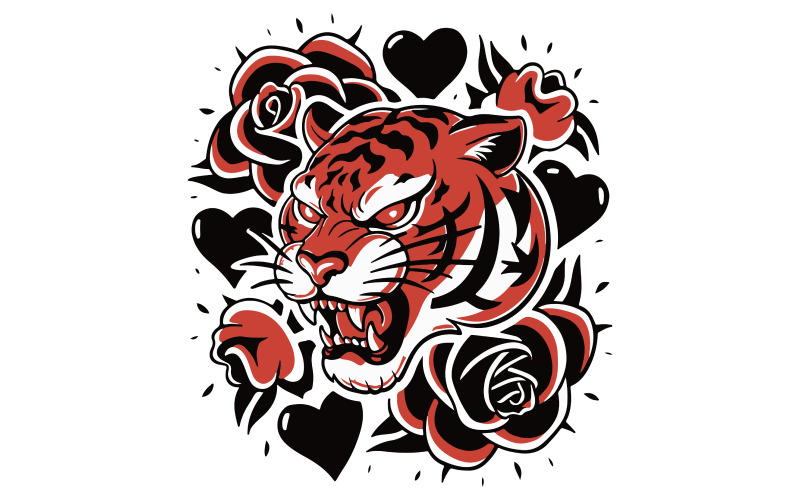 Eine Illustration im Vektorkunststil mit Tiger und Rose
