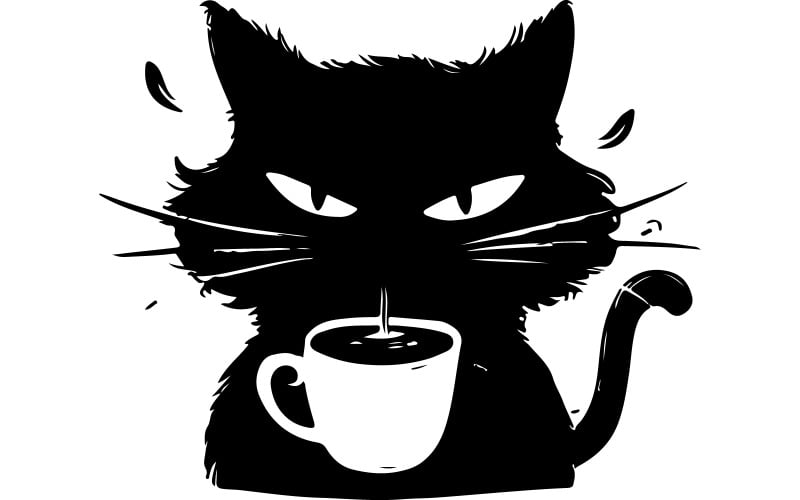Een humoristische illustratie van een zwarte kat die koffie nipt met een zure gezichtsuitdrukkingsvector
