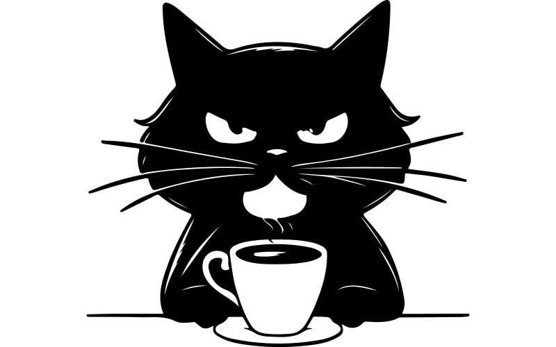Une illustration humoristique d'un chat noir sirotant un café avec une expression faciale aigre