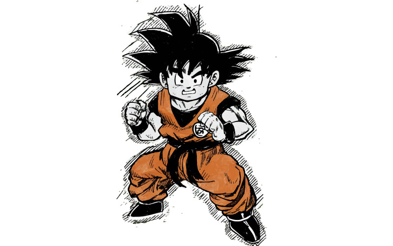 Uno schizzo scarabocchiato in bianco e nero in stile vintage di Goku