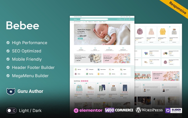 Bebee — магазин детской одежды и игрушек Elementor WooCommerce, адаптивная тема