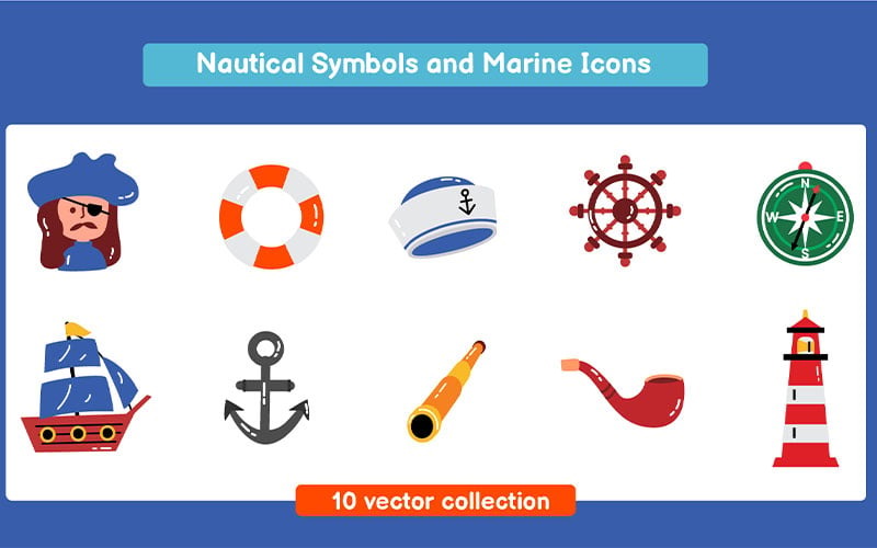 Conjunto de símbolos náuticos e ícones marinhos