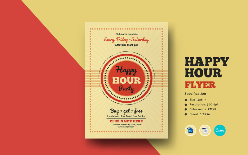Happy Hour partij flyer sjabloon. Word, Psd en Canva