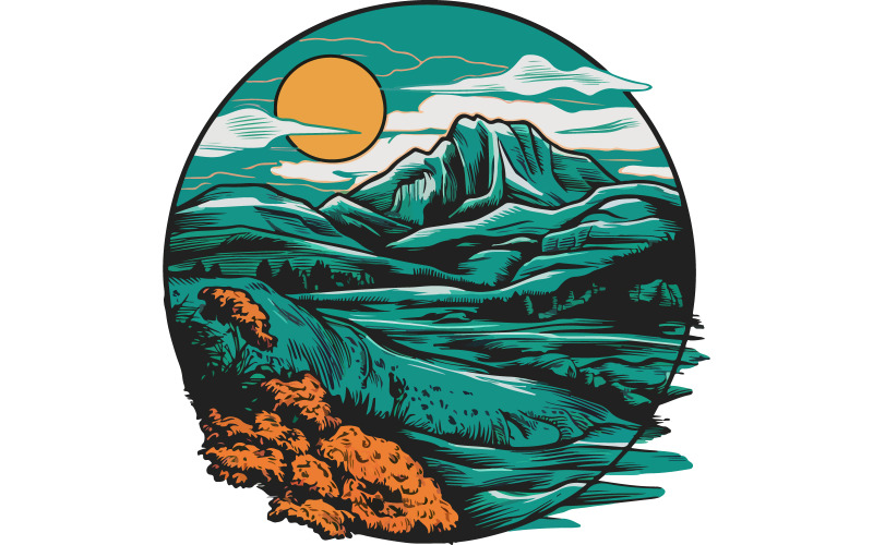 montagne. dessin d'illustration d'art vectoriel ciel et soleil