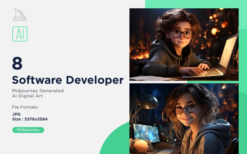 Desarrollador de software de niña de personaje de Pixar 3D con conjunto de entorno relevante