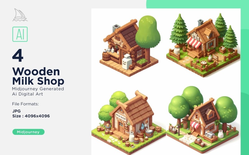 Milk Shop Forest Wooden Building Isometric Set 11