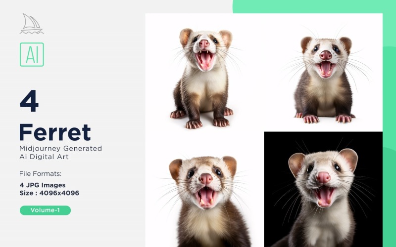 Tête d'animal drôle de furet furtivement sur fond blanc ensemble