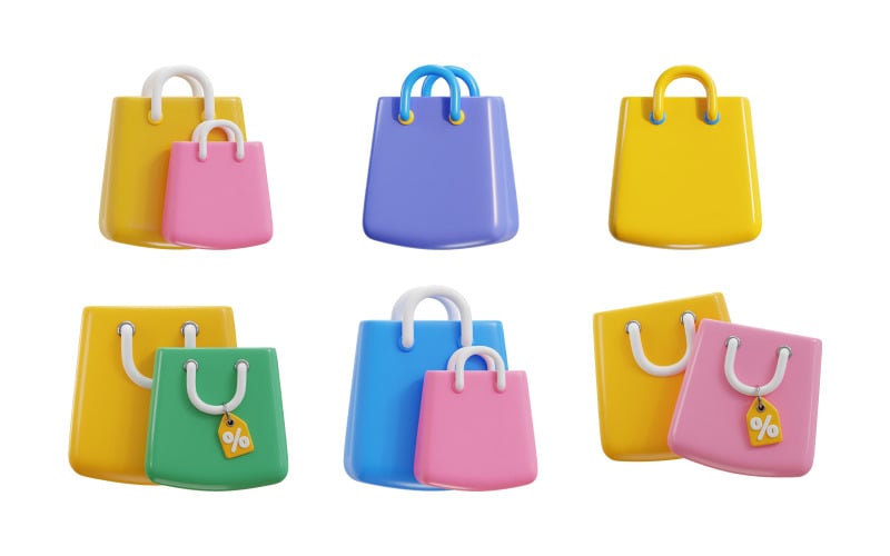 Bolsa de compras 3D con conjunto de iconos de Teg de descuento