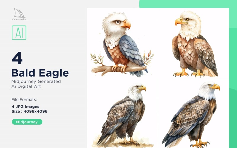 Conjunto de ilustración hecha a mano de acuarela de bebé pájaro águila calva súper lindo