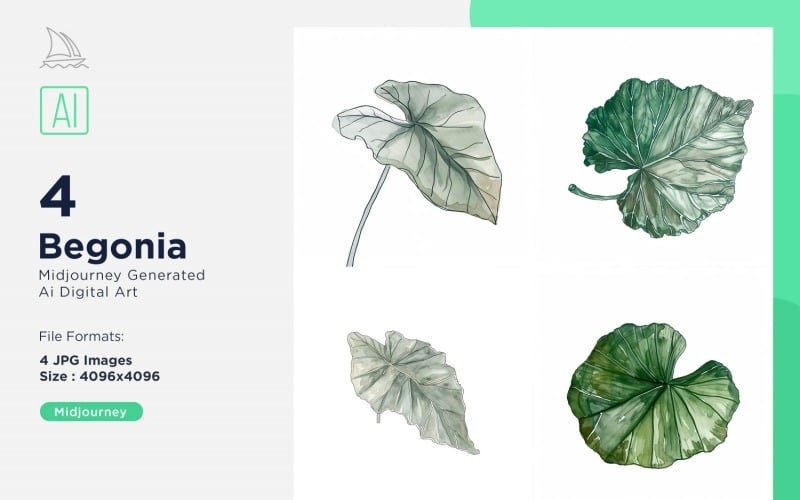 Begonia Planta Hojas Acuarela 4 Set