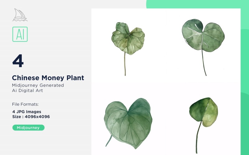 Chinese geldplant Plantbladeren aquarel 4 set