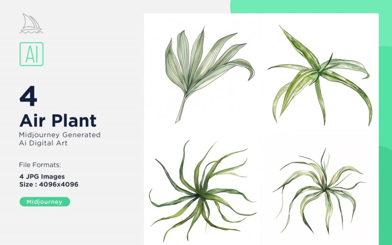 Conjunto de 4 folhas de planta de planta de ar em aquarela