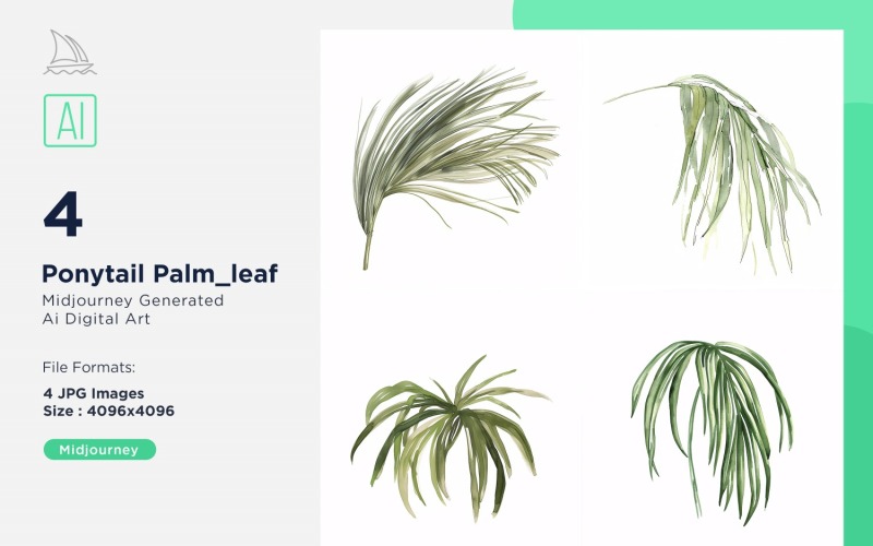 Conjunto de 4 folhas de planta em aquarela de rabo de cavalo e palmeira