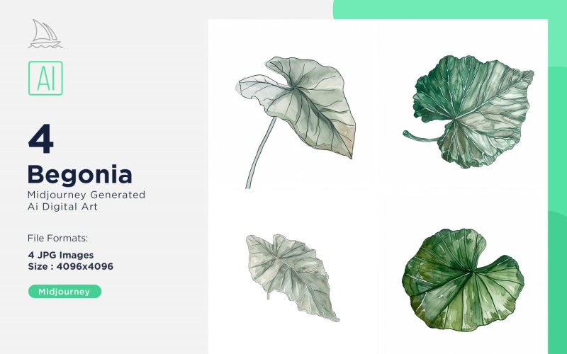 Ensemble de 4 aquarelles de feuilles de plantes de bégonia