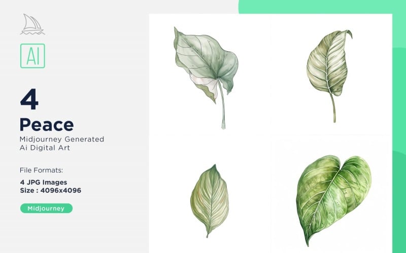 Ensemble de 4 aquarelles de feuilles de plantes de paix