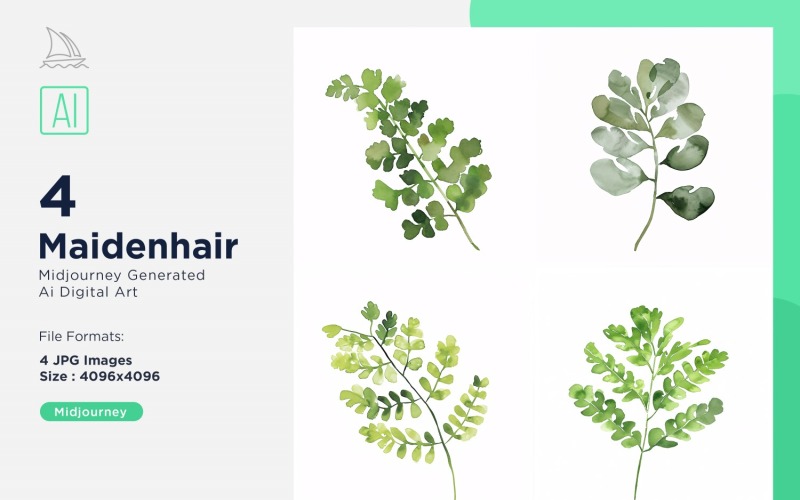 Maidenhair Bitki Yaprakları Suluboya 4'lü Takım