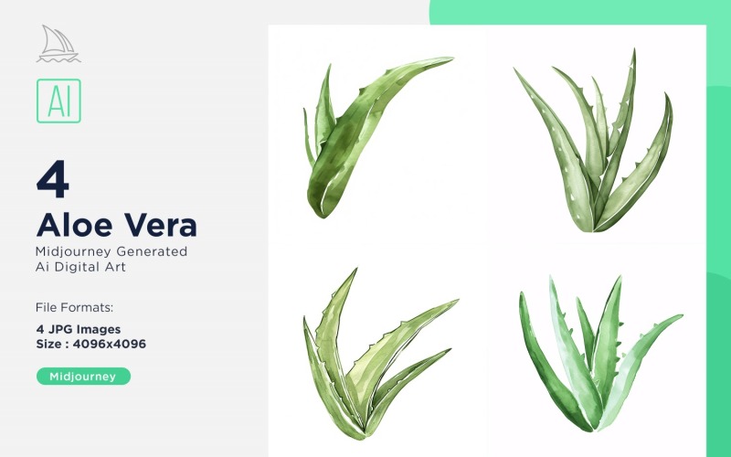 Set de 4 hojas de plantas de aloe vera en acuarela