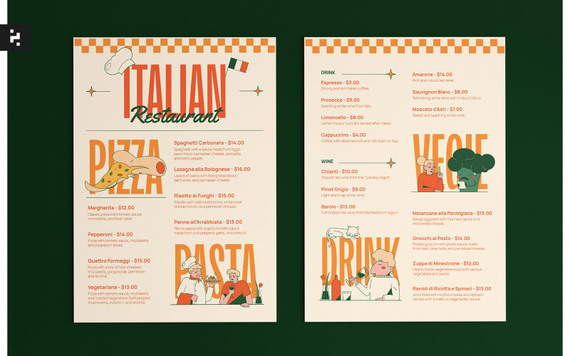 Modèle de menu de restaurant italien