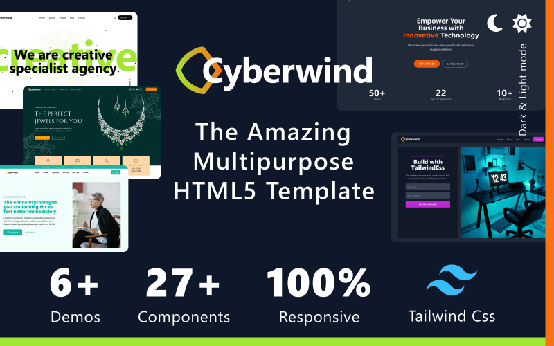 Cyberwind - Modèle HTML5 d'application polyvalente CSS Tailwind, d'atterrissage, de solutions informatiques et de site Web d'entreprise