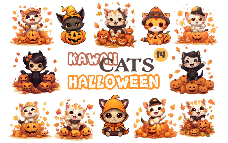 Süße Kawaii-Katzen für Halloween. Aufkleber.