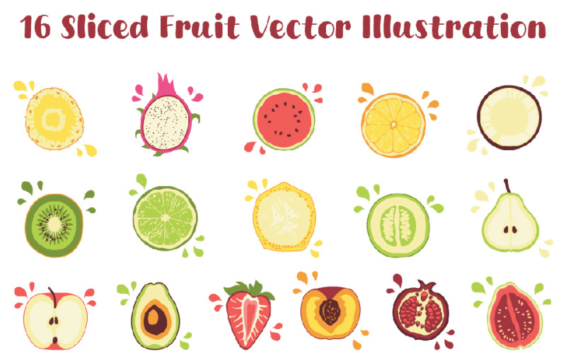 Ilustración de Vector de 16 frutas en rodajas