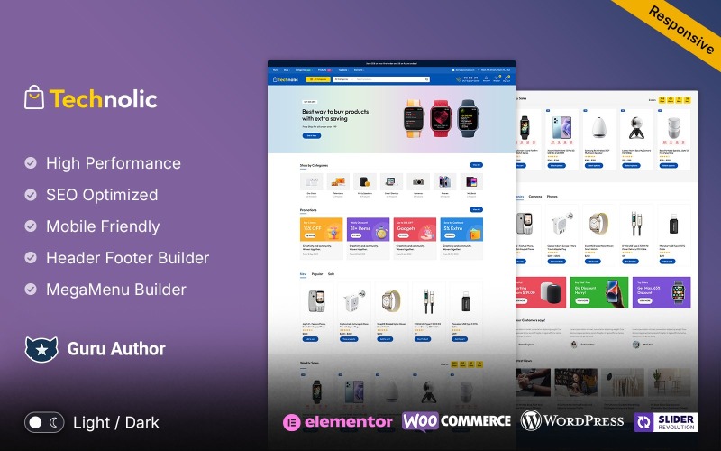 Technolic – Electronics, Gadgets and Technology Víceúčelové téma WooCommerce Elementor